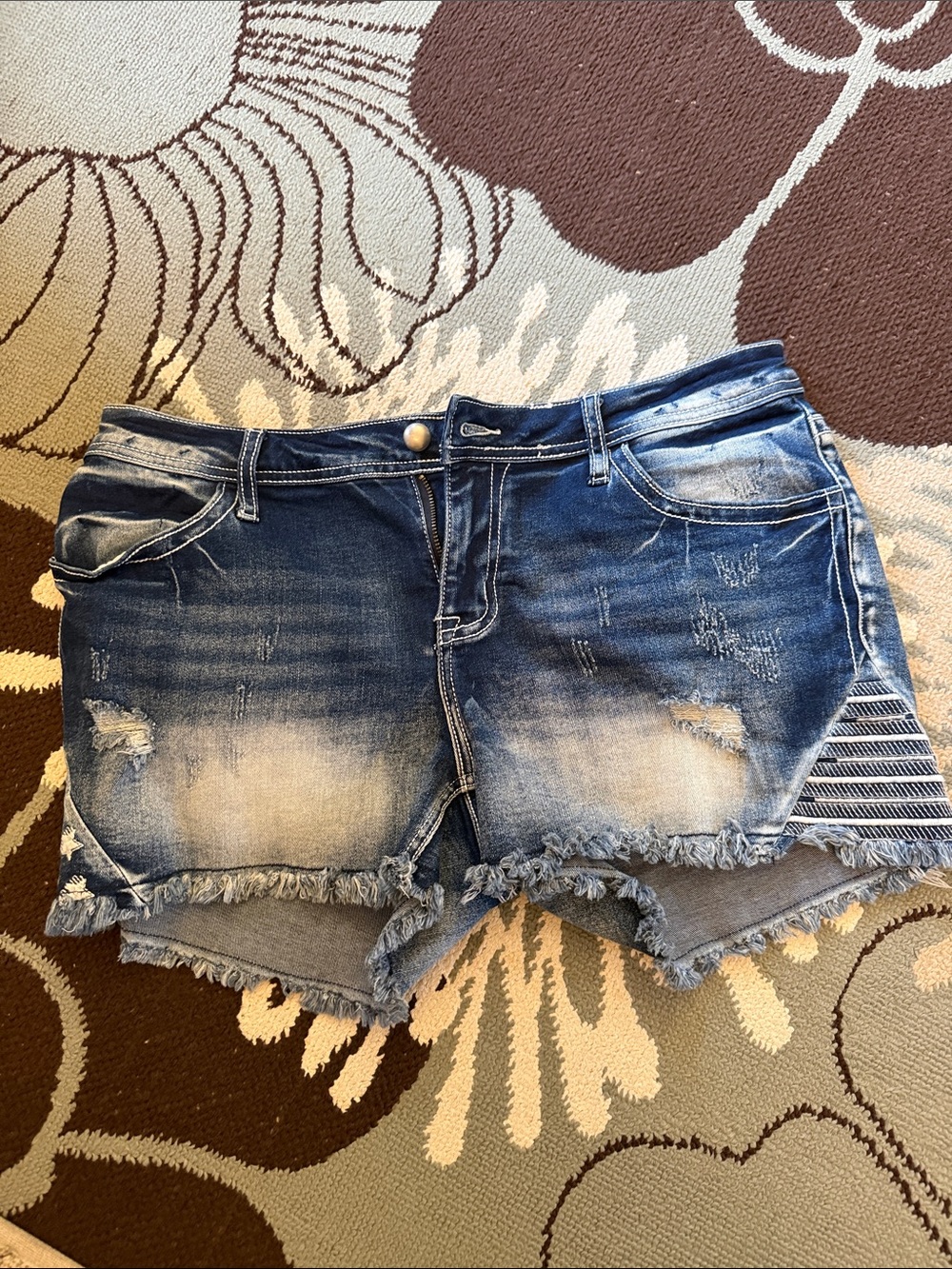 Women's Distressed Blue Denim Jean Shorts with Frayed Hem